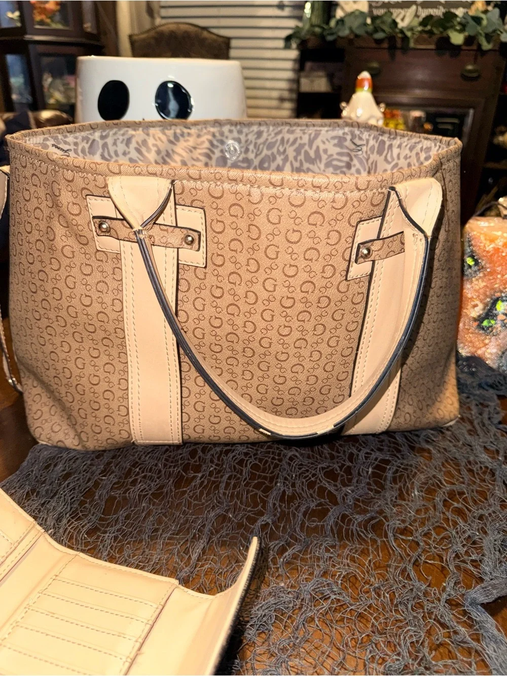 GUESS Beige Monogram Satchel with Matching Brown Monogram Wallet